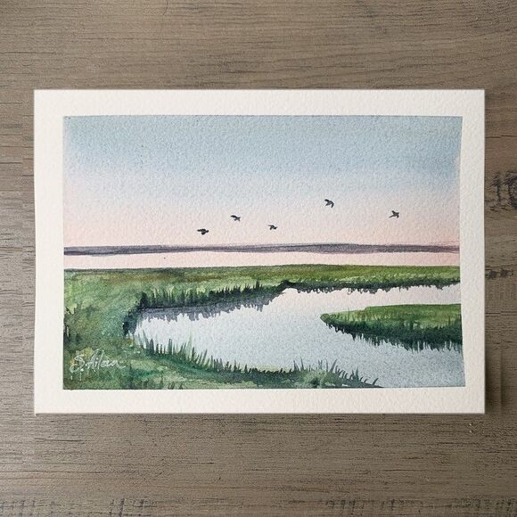 Gold Framed Original Watercolor Landscape Painting Lowcountry Birds 6x8" Signed - Picture 6 of 6